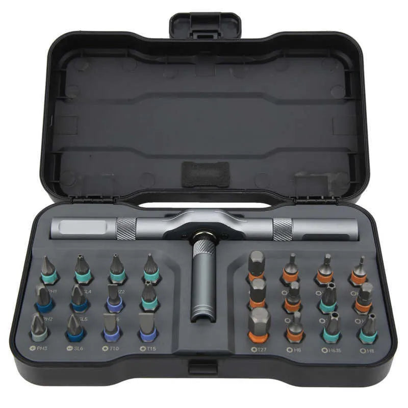 24-in-1 ratchet screwdriver set with S2 alloy steel bits in a compact box