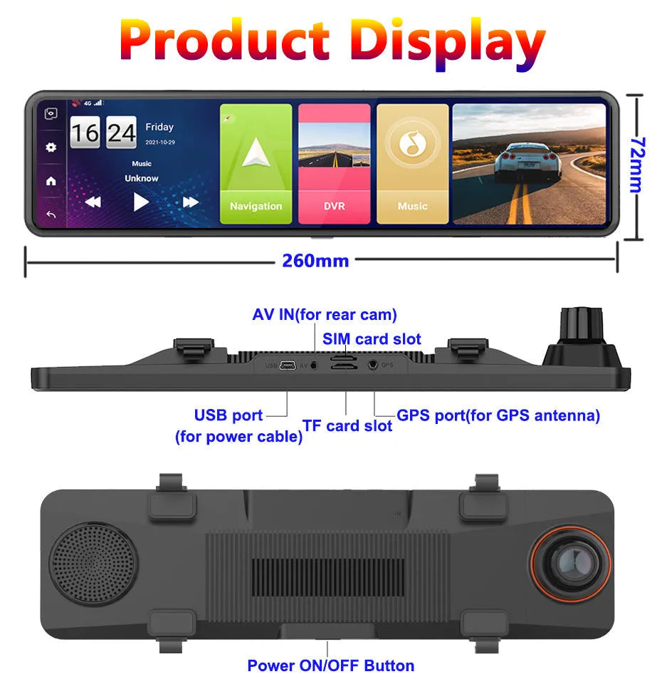 Black rearview mirror car dash camera with dual lenses for front and rear recording.