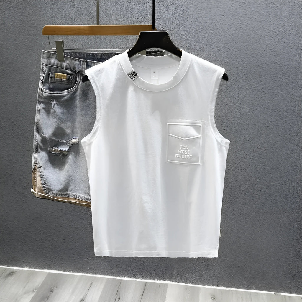 Men's loose fit black cotton sleeveless t-shirt on a hanger, showing straight hem design.