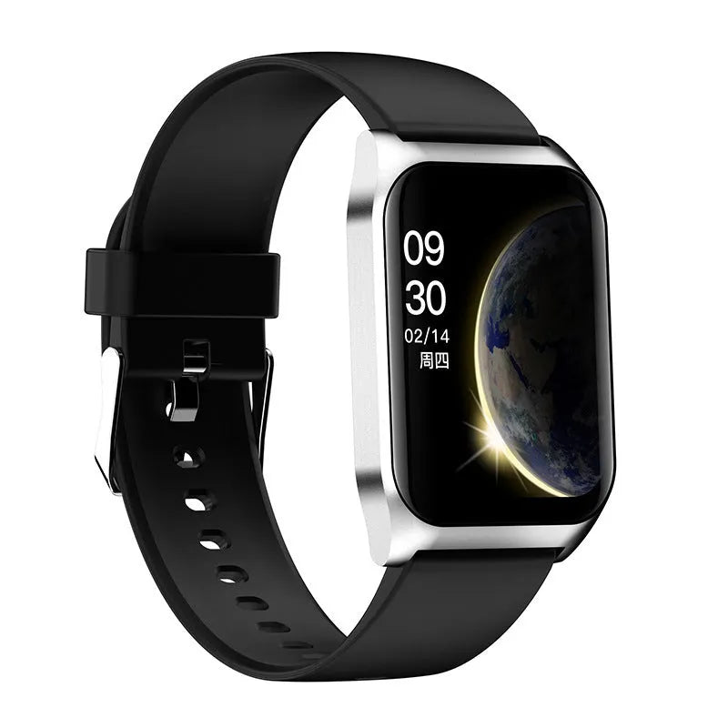 Black smart watch with 1.69-inch screen displaying heart rate data and call interface on silicone wristband