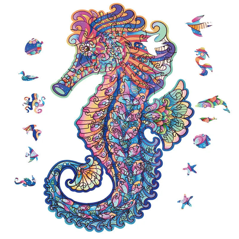 Irregular three-dimensional seahorse shaped wooden puzzle on a flat surface with colour options A3 A4 A5