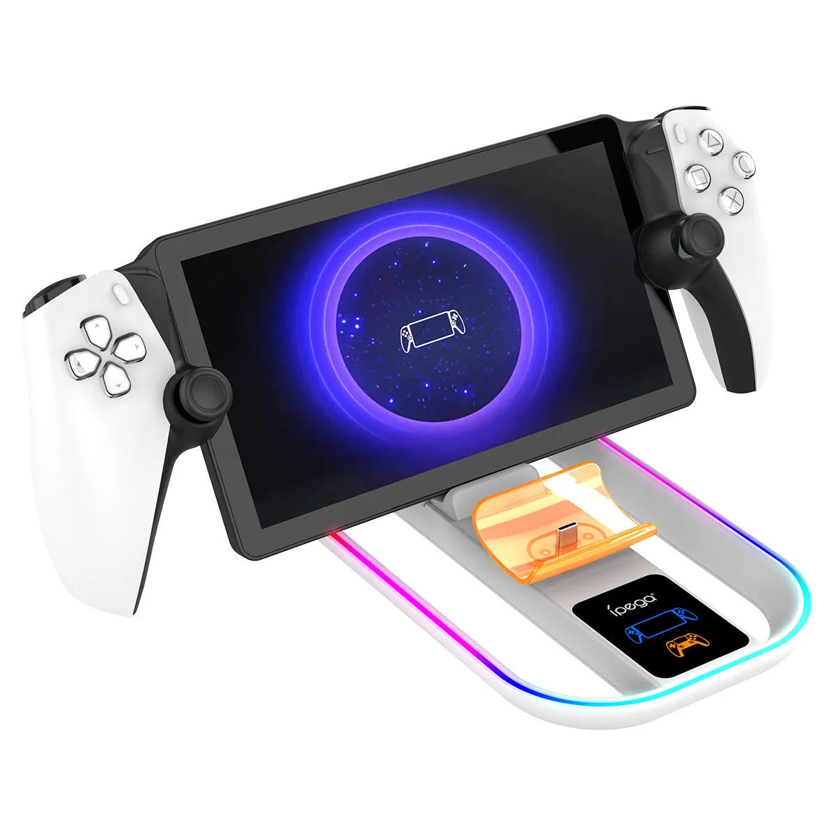 White ABS charging base for PS5 Portal and PS5 controller with colourful LED and Type-C cable