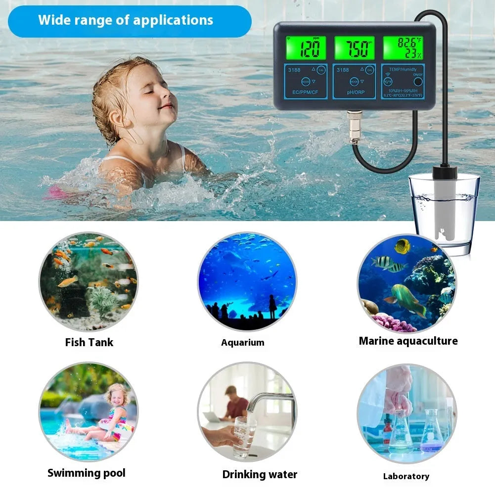 7-in-1 WiFi water quality monitor in black with Graffiti app interface showing EC TDS pH ORP temperature data