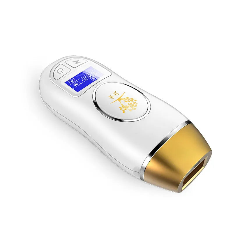 Home IPL laser hair removal instrument in gold or white with blue or black screen, 280g ABS body, AC power, CE certified.