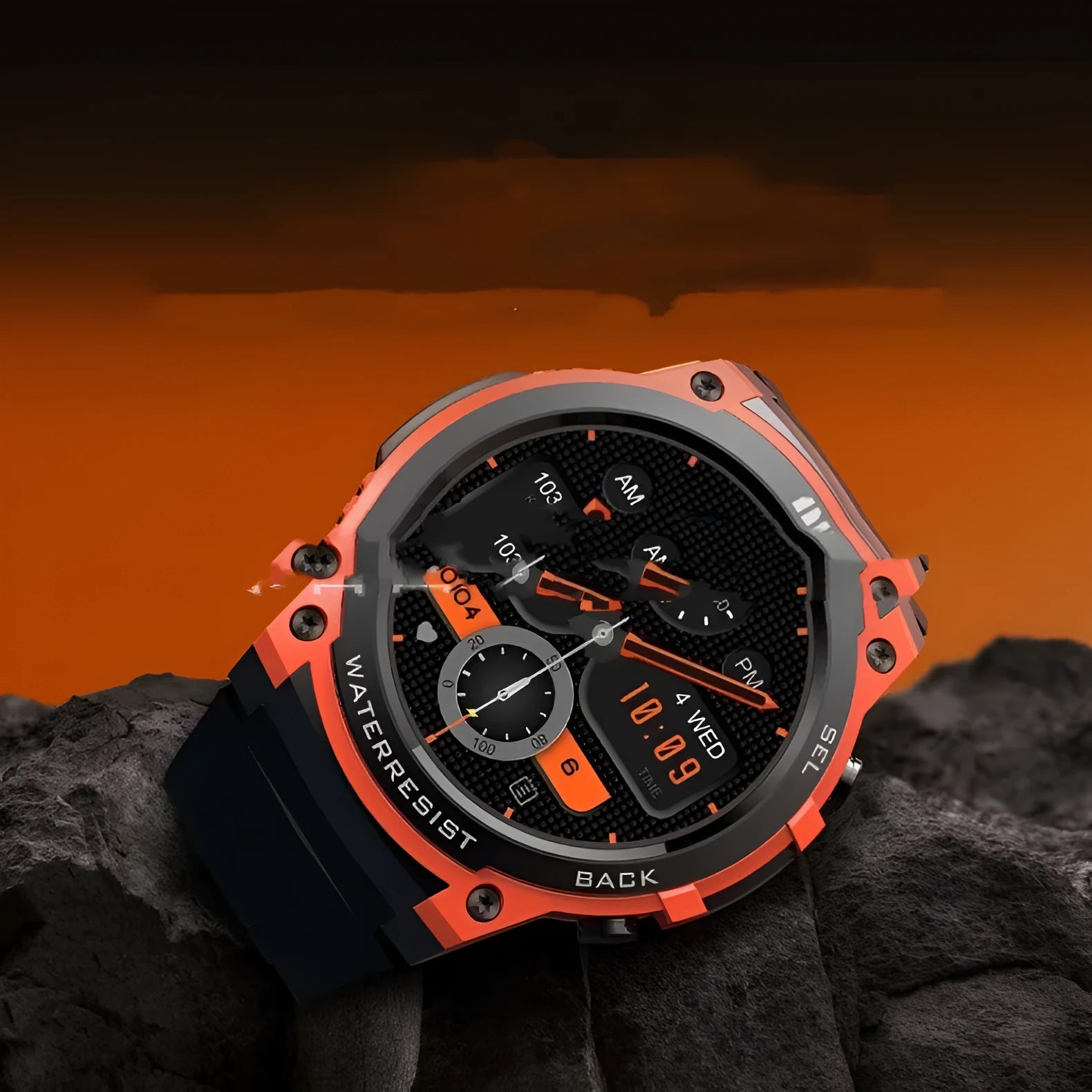 Smart watch with AMOLED display in orange colour showing heart rate and time on wrist