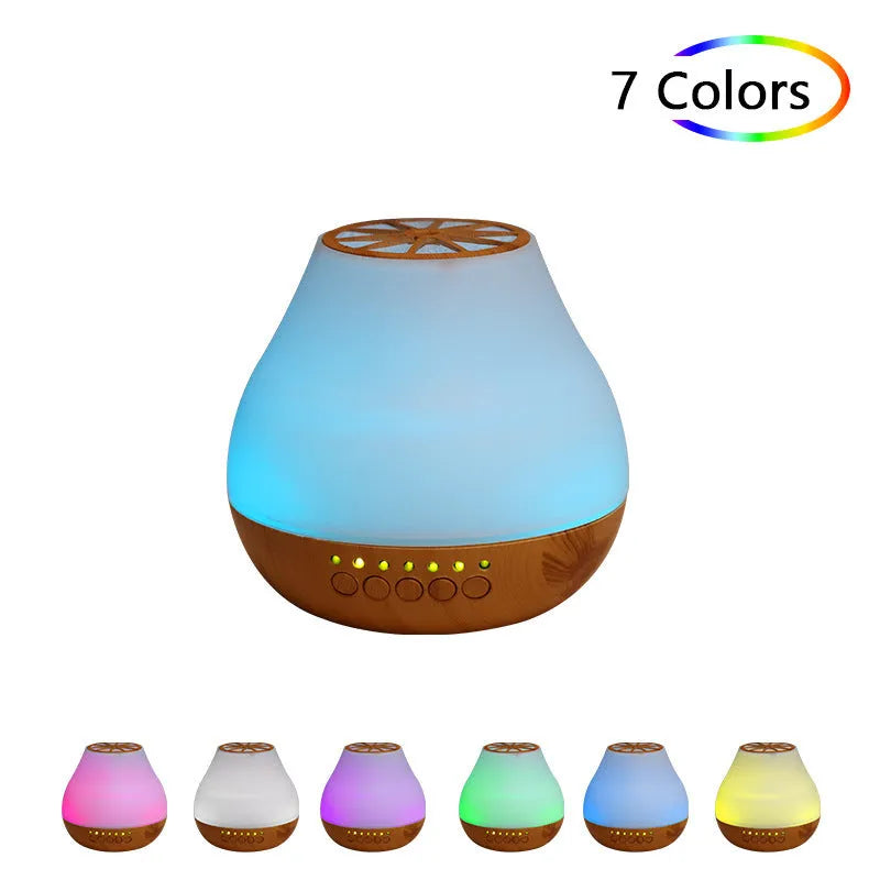 USB-powered ultrasonic essential oil aroma diffuser with wood grain finish and colourful LED lighting effects