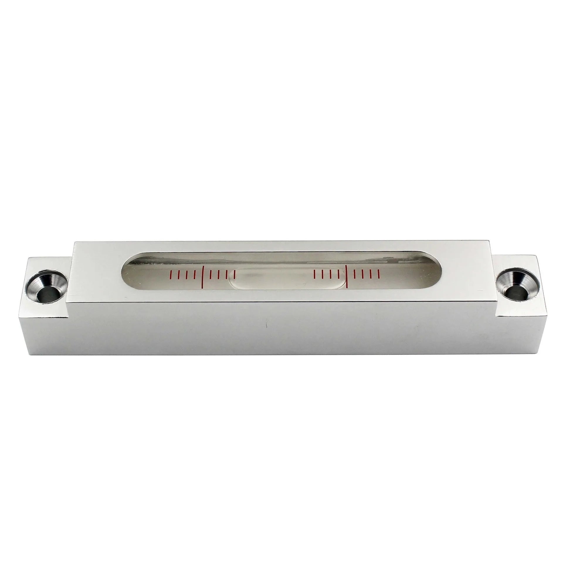 Metal and glass mini strip level showing precision vial on a 132mm long ruler.
