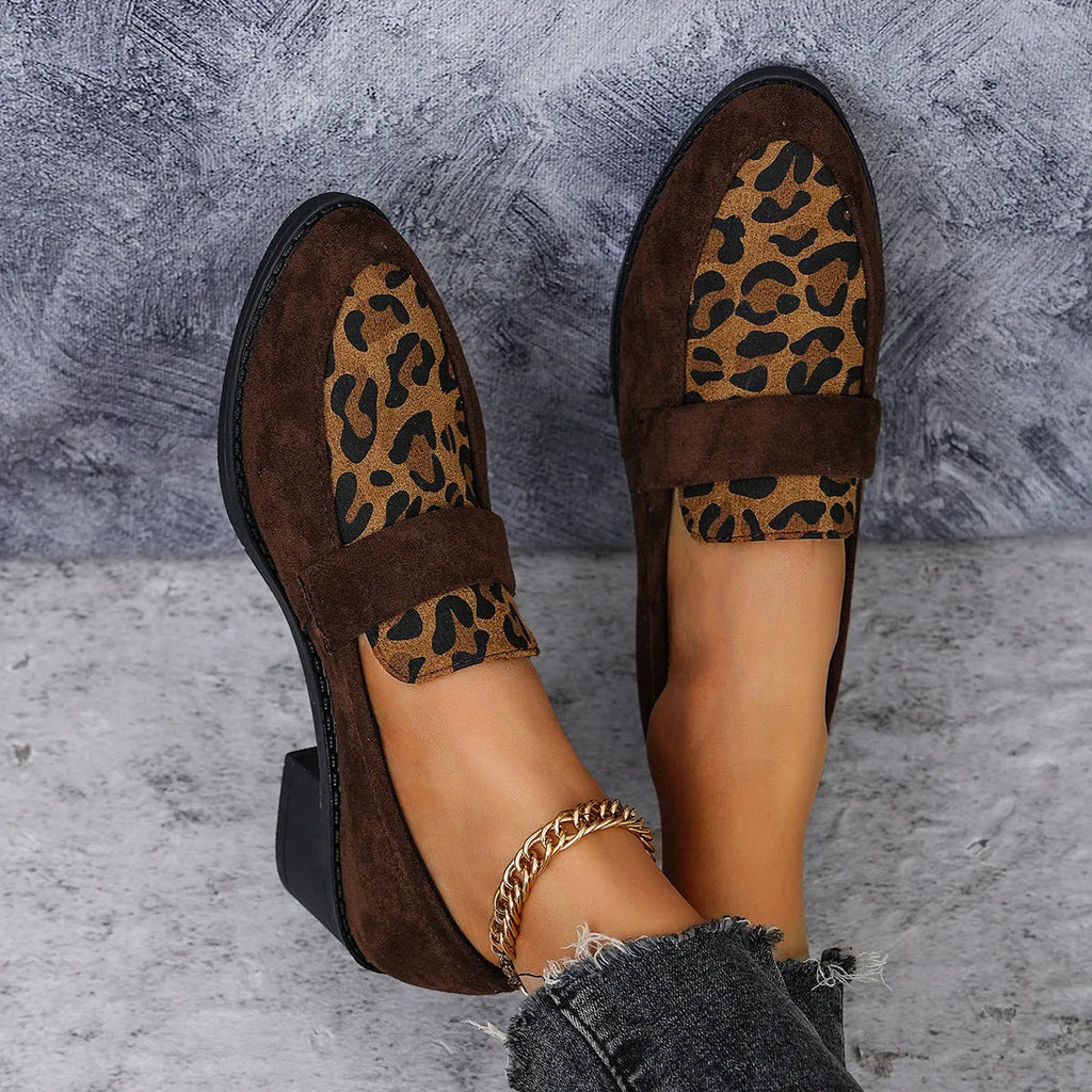 Leopard print slip-on casual shoes with suede upper and chunky mid heel in pink colour