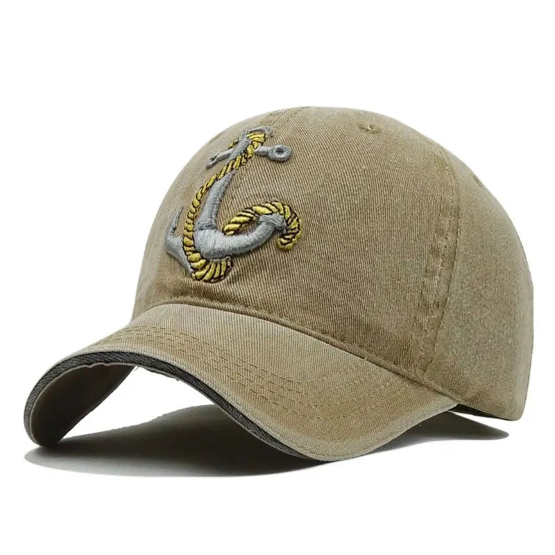 Anchor embroidered cotton baseball cap in Khaki colour, front view, showing adjustable back strap.