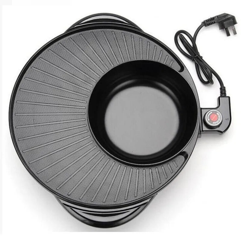 Black multifunctional electric hot pot and grill with a 26-30cm pot mouth and control panel.