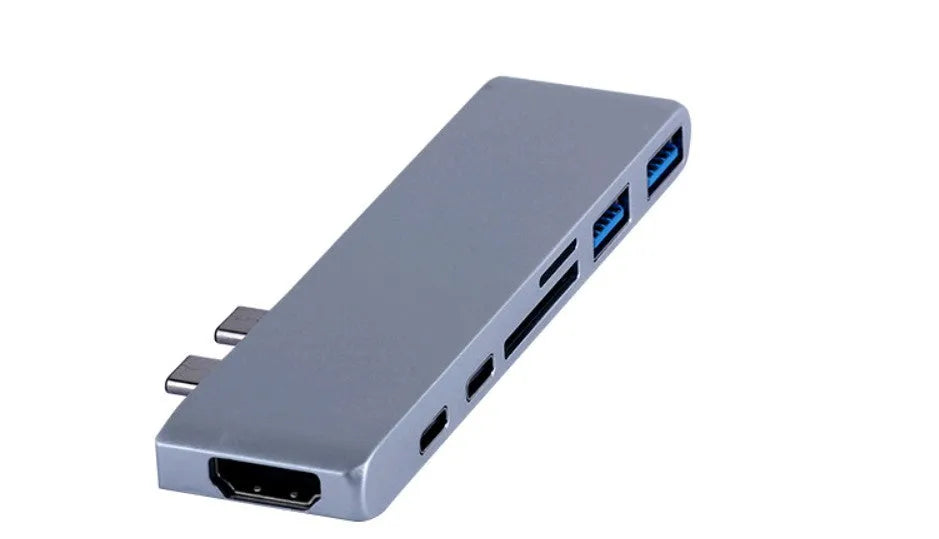 Dual Type-C hub T-808 seven-in-one docking station with HDMI 4K and USB-C PD charging in silver