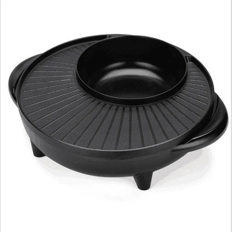 Black multifunctional electric hot pot and grill with a 26-30cm pot mouth and control panel.