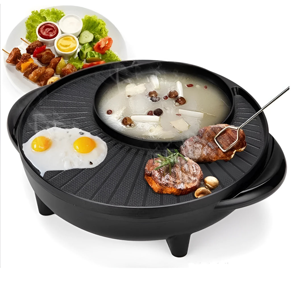 Black multifunctional electric hot pot and grill with a 26-30cm pot mouth and control panel.