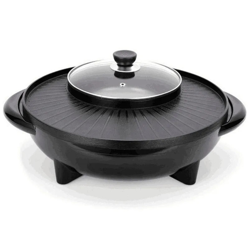 Black multifunctional electric hot pot and grill with a 26-30cm pot mouth and control panel.