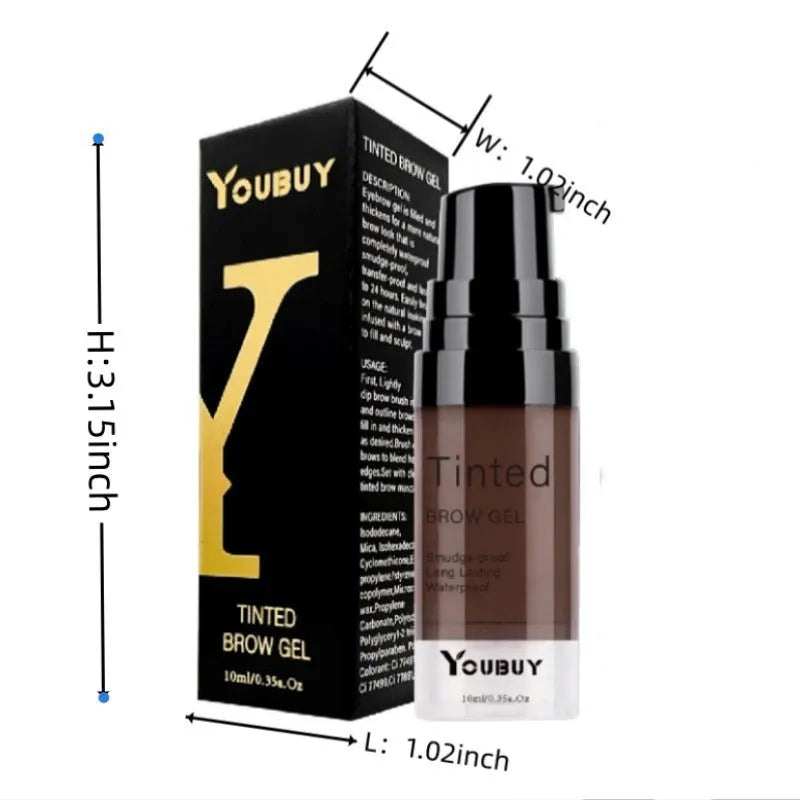 Waterproof brow cream tube in dark grey or golden yellow shades with eyebrow dye formulation