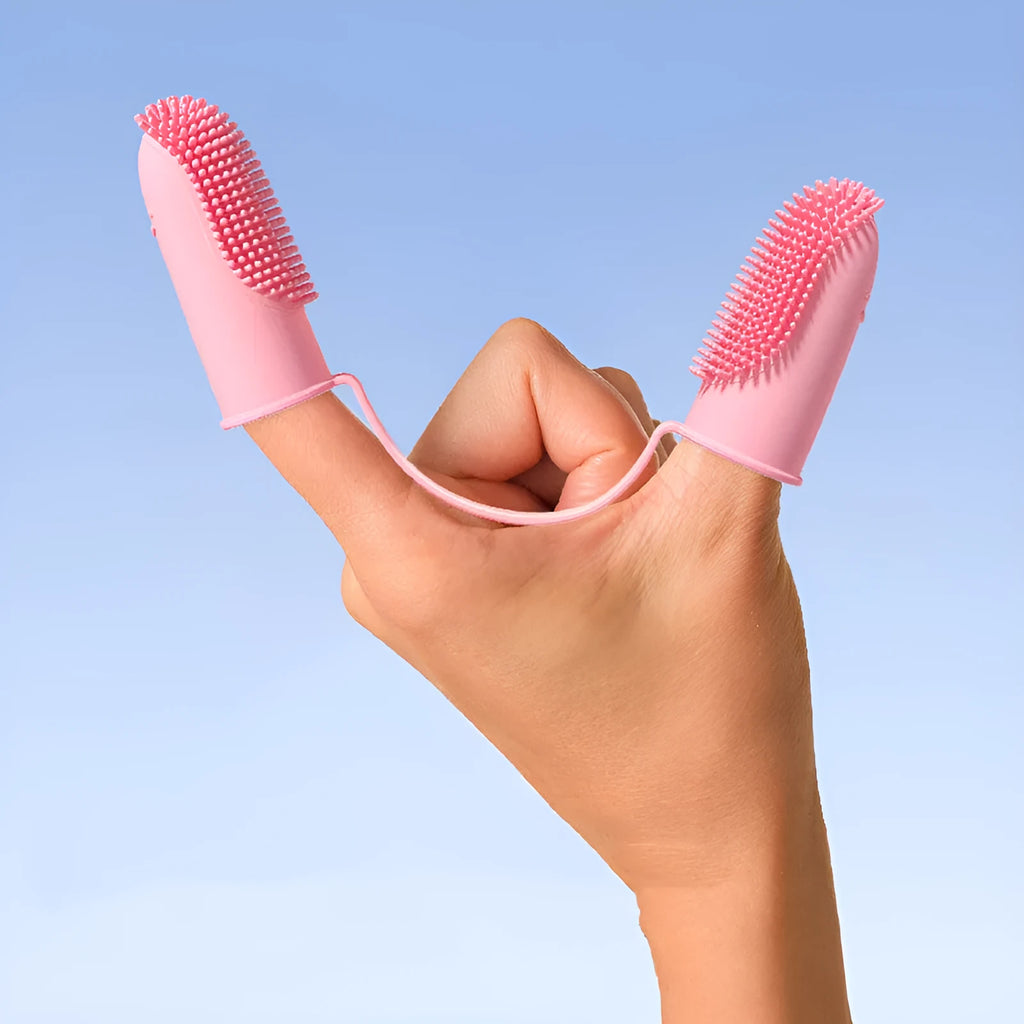TPR double finger dog toothbrush set in pink, blue green and grass yellow colours for canine dental care
