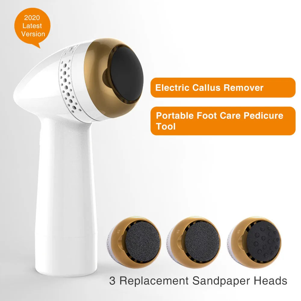 Handheld electric foot grinder with quartz head in gold, pink gold, and white silver colour options.