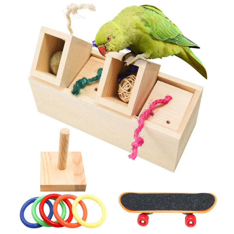 Wooden bird puzzle training set with multiple pieces for parrot enrichment and mental stimulation