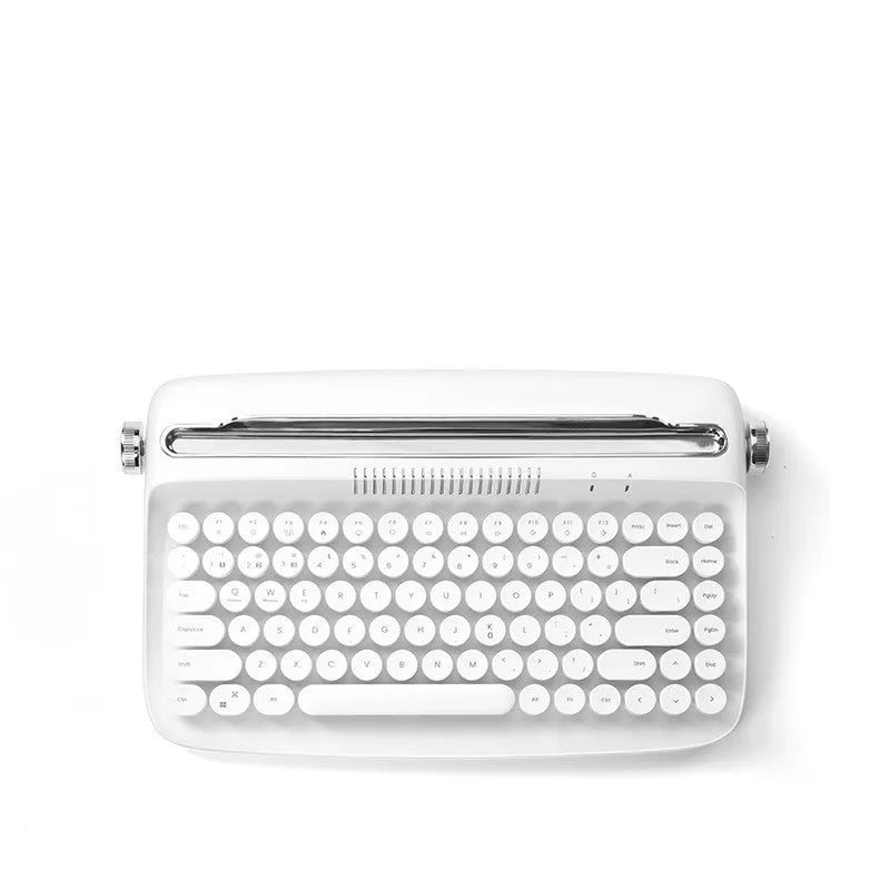 Retro iPad Bluetooth keyboard and mouse set with adjustable bracket, shown in mint green, beige, pink, white, or navy blue.