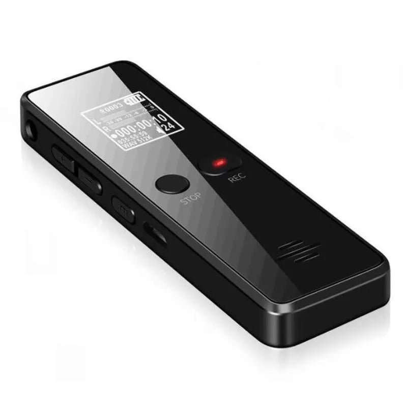 Black zinc alloy USB MP3 player and voice recorder showing display screen and USB connector.