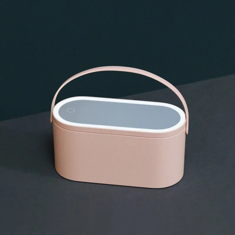 Portable pink beauty mirror with storage box and aluminium mirror lens