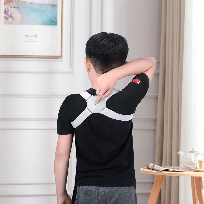 Gray adjustable smart posture corrector belt for kids and adults with real-time assessment, 210g