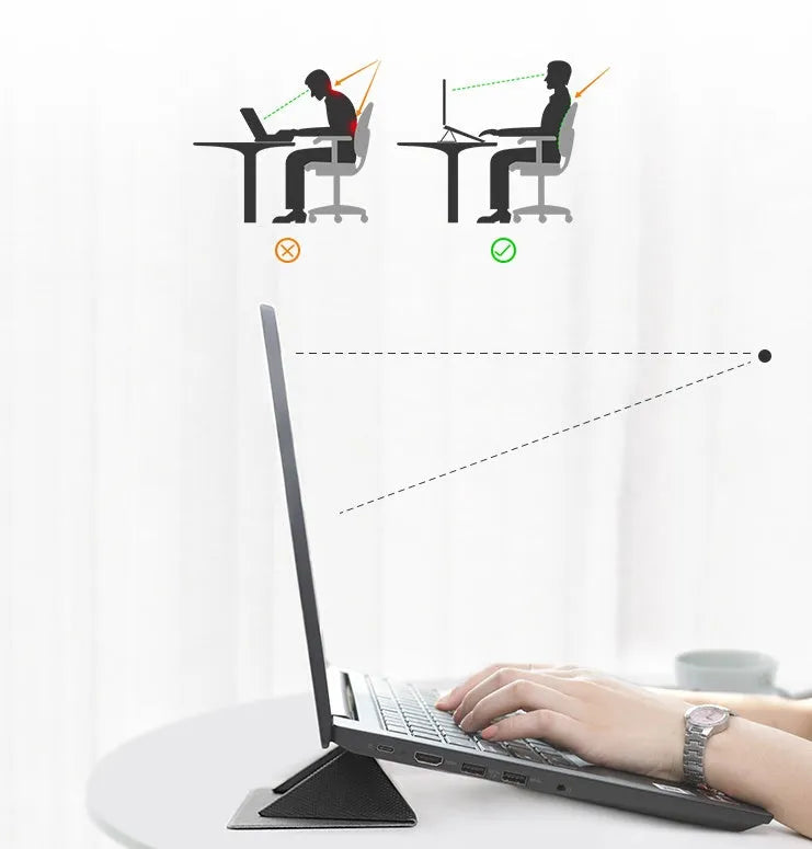 Blue portable laptop cooling bracket with anti-slip surface, shown open in use and folded for storage.
