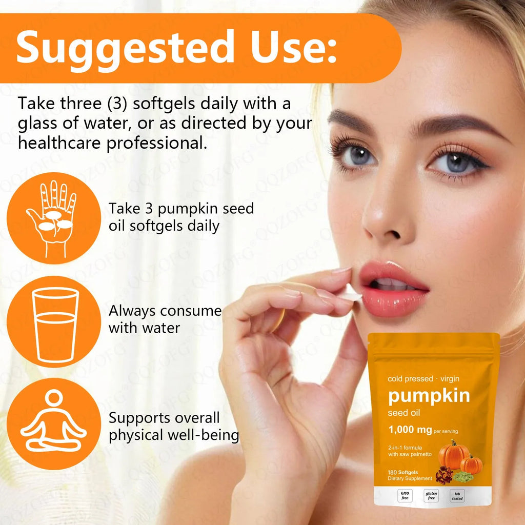 Pumpkin seed oil softgels with saw palmetto, 180 count bottle, oval 2 cm softgels, 60 servings