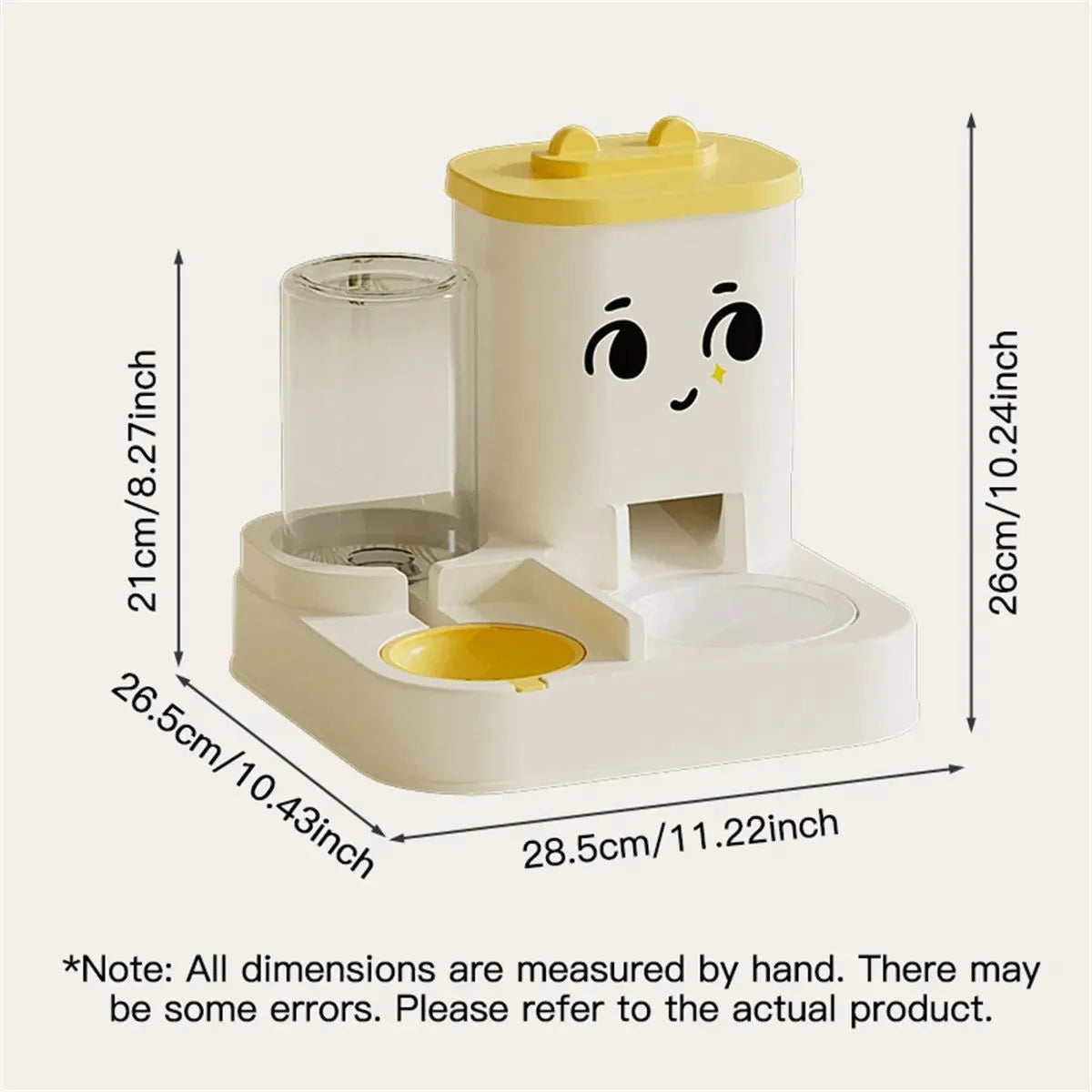 Pet cartoon feeding and watering dispenser in gray with large capacity plastic bowls for cats and dogs