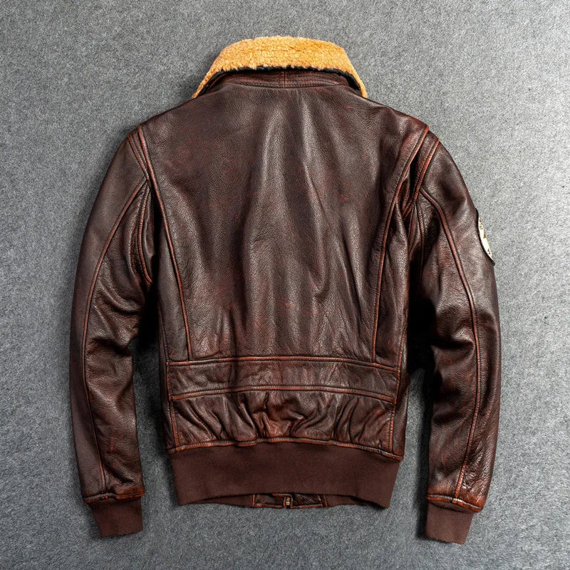 Men's genuine first layer cowhide G1 motorcycle jacket in dark brown with detachable collar and ribbed hem