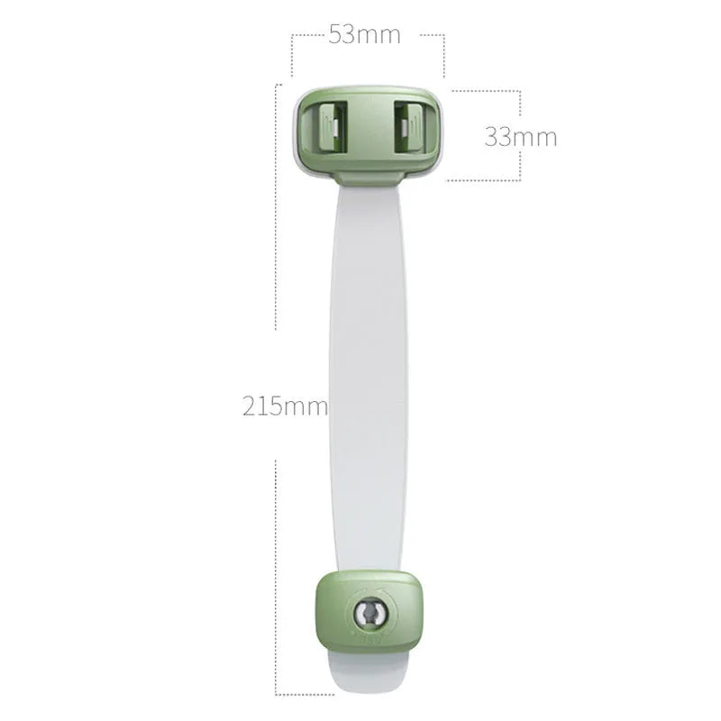 Grey and green adjustable strap child safety lock for cabinets and drawers with adhesive backing