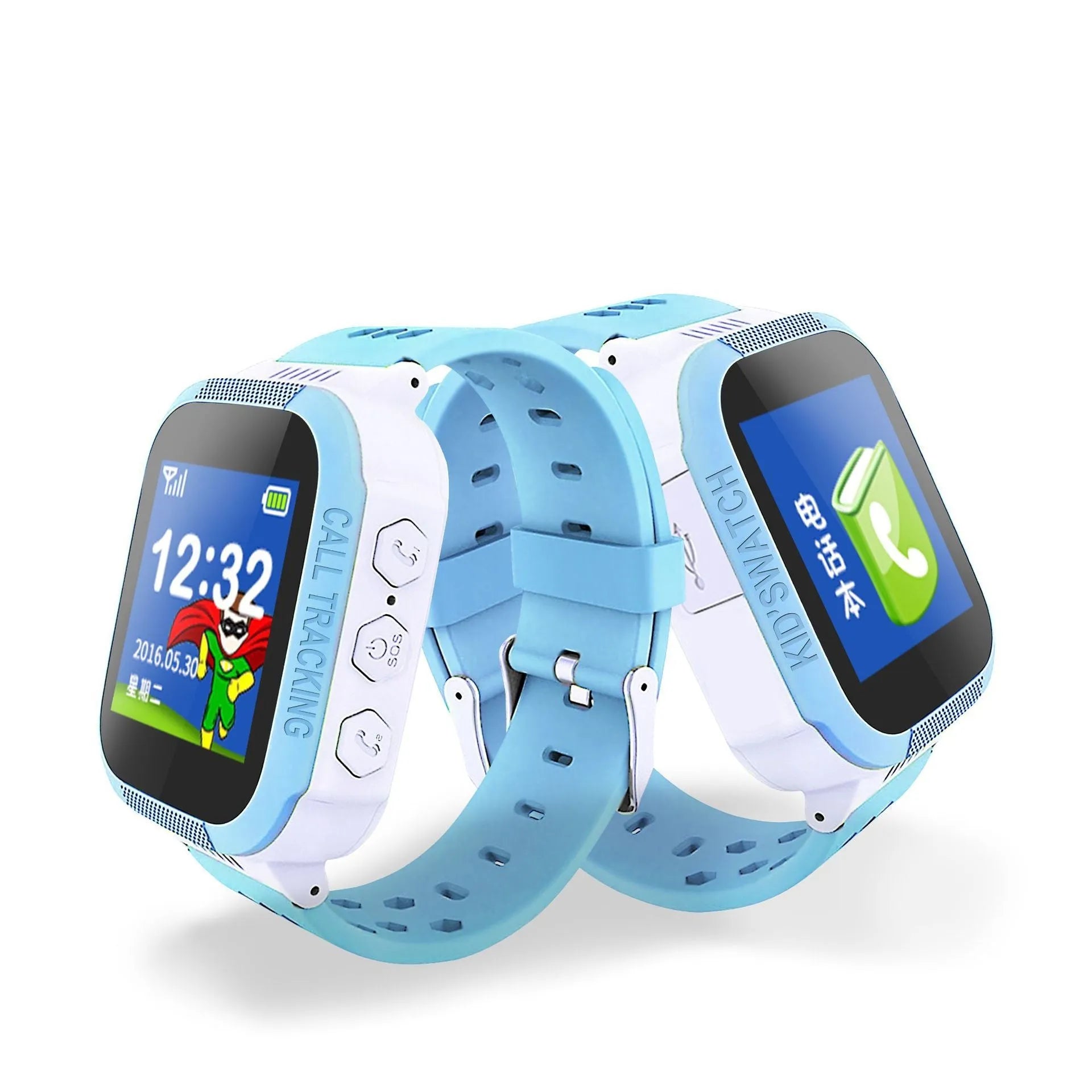 Blue children's phone watch with 1.44 inch IPS touchscreen display showing time