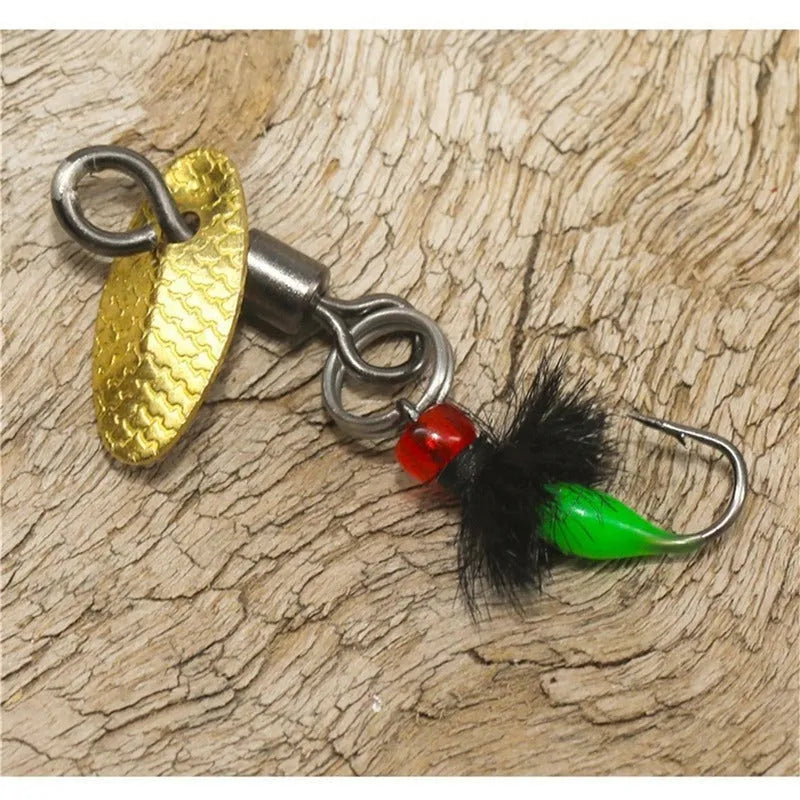 Five multicolour fishing hooks with poisonous mosquito and fly patterns and spinning sequins