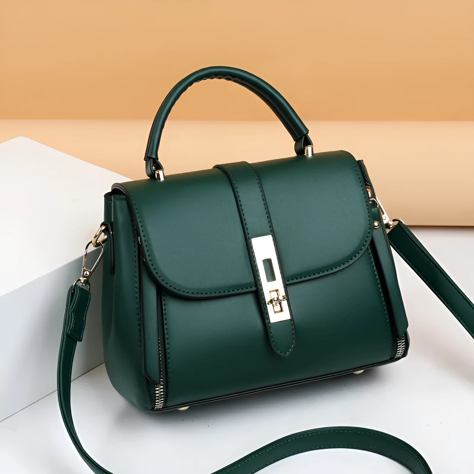 Square vertical women's soft PU leather messenger bag in black, blue, green, or red