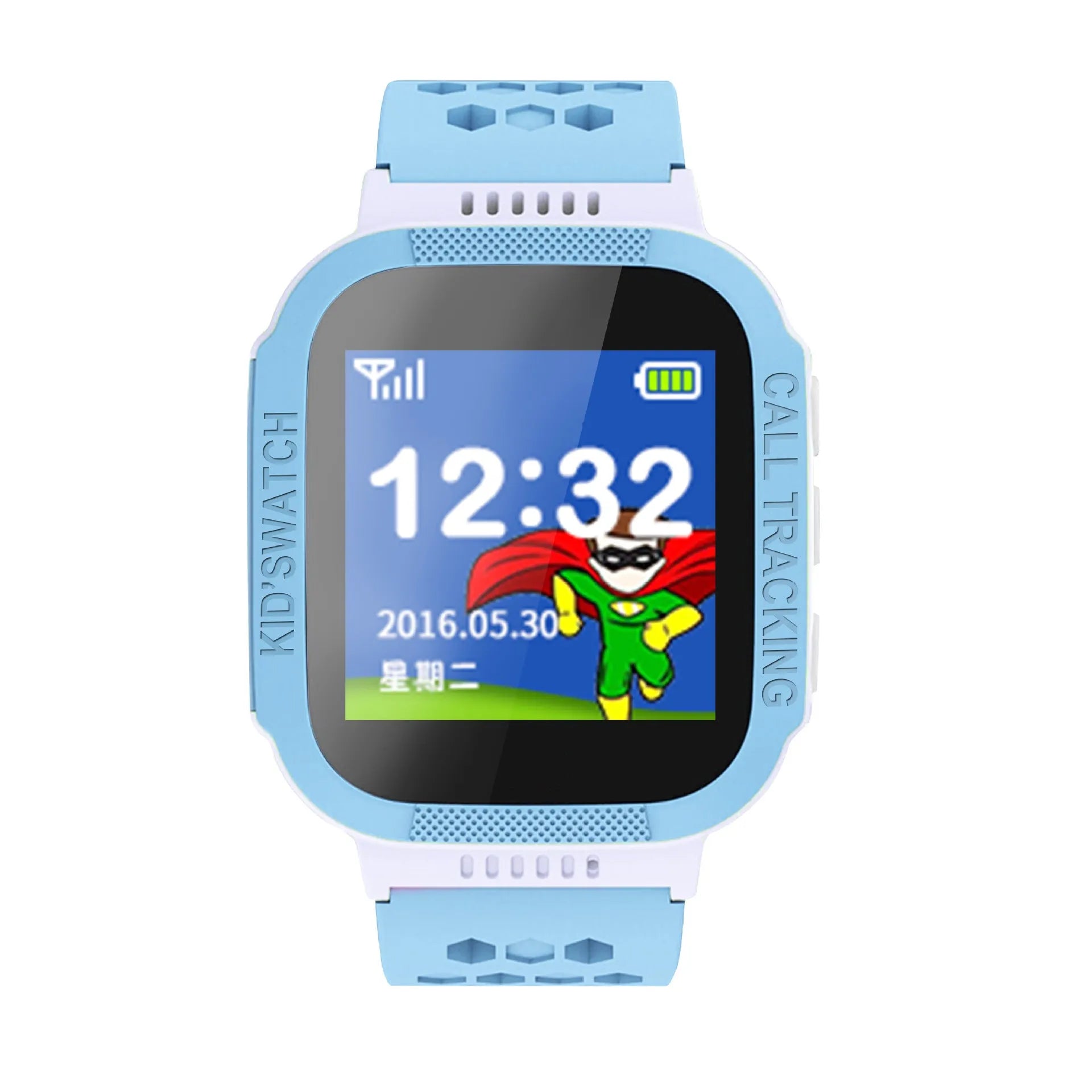 Blue children's phone watch with 1.44 inch IPS touchscreen display showing time