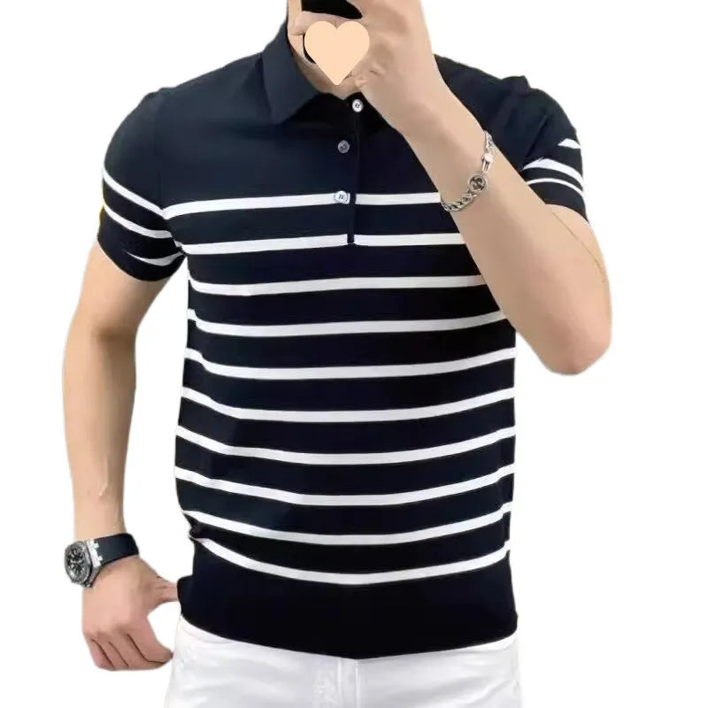 Black and white striped lapel knitted t-shirt with pullover design