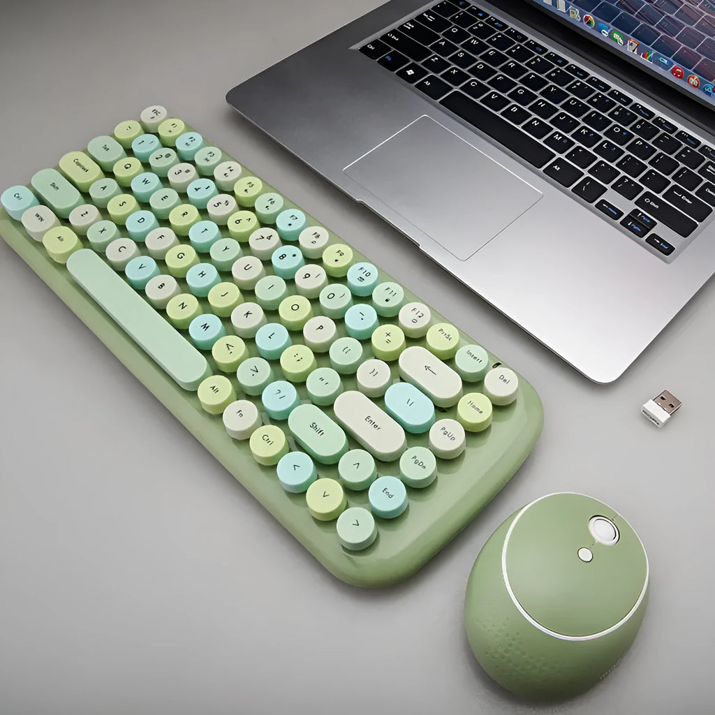 Office Mini Wireless 2.4G keyboard mouse set in five colours with compact 84-key layout and six-button mouse