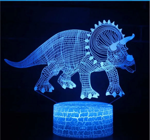 Colourful dinosaur 3D LED night light with touch controls on a compact ABS base.