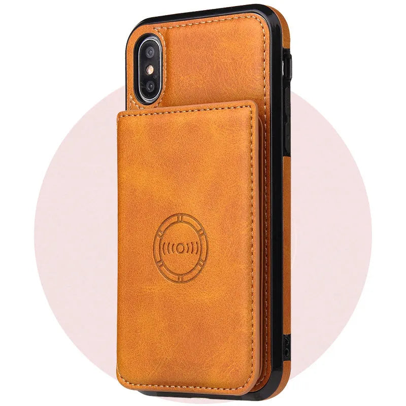 Slim imitation leather iPhone wallet case in multiple colours showing card slots on the back.