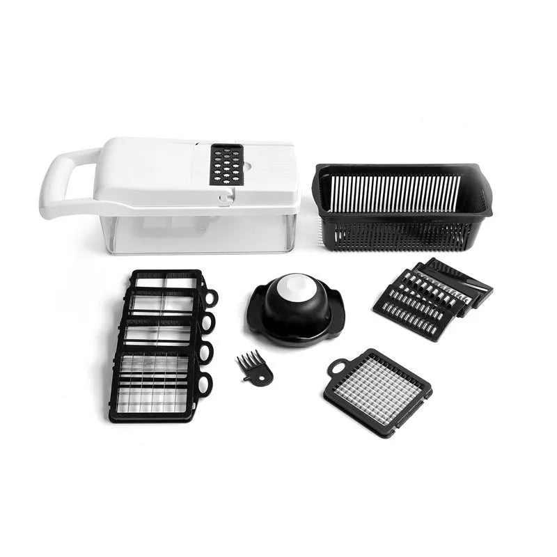 Multipurpose plastic vegetable cutter with 7 blades, drain basket and cleaning brush in black