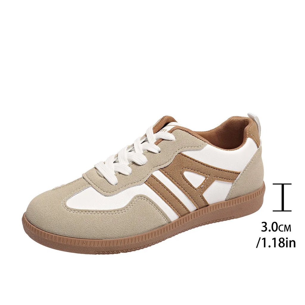 Women's retro colour matching lace-up jogging shoes with platform heel and cross-strap detailing in black, grey, and khaki options