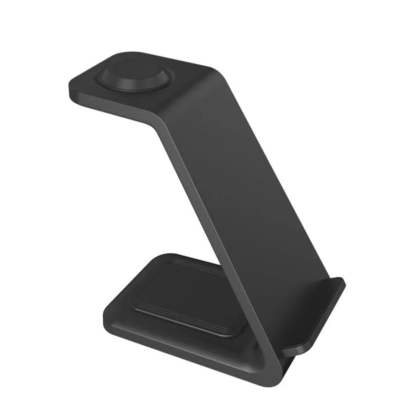 White 3-in-1 wireless charging stand holding a mobile phone upright next to wireless earbuds on its base.