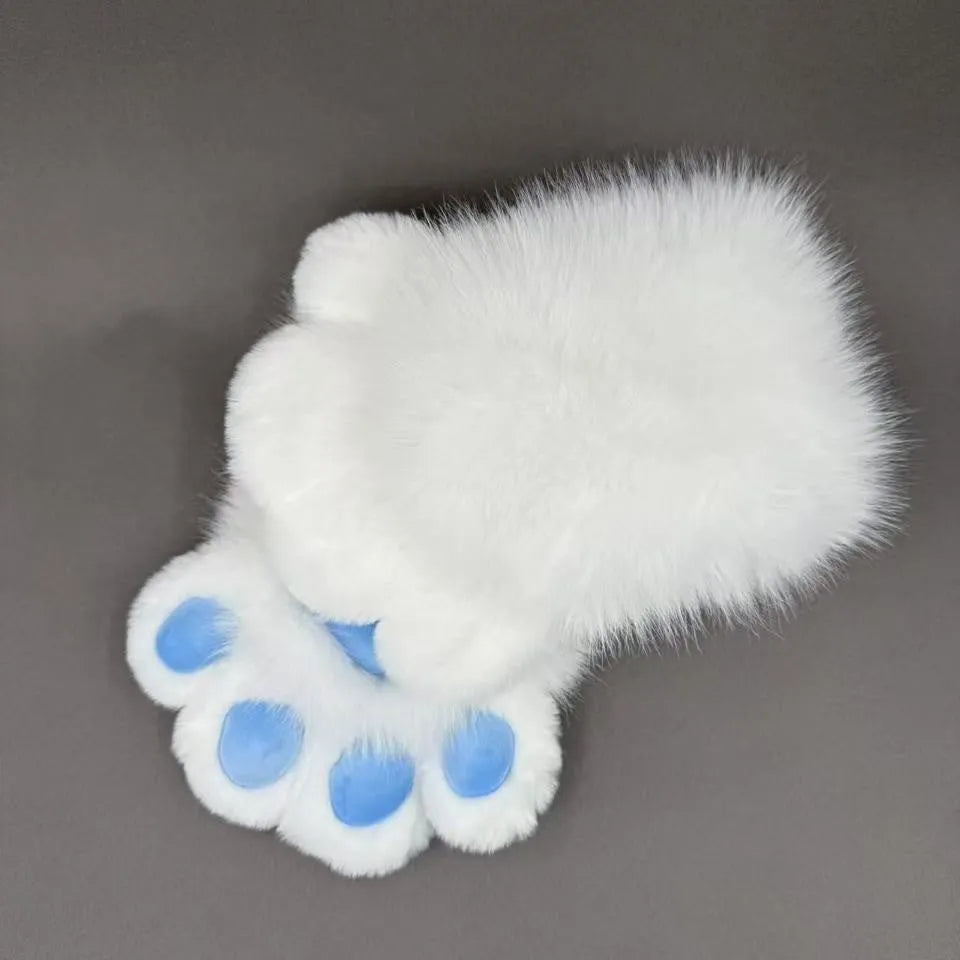 A pair of colourful animal claw cosplay gloves in nylon material on a neutral background.
