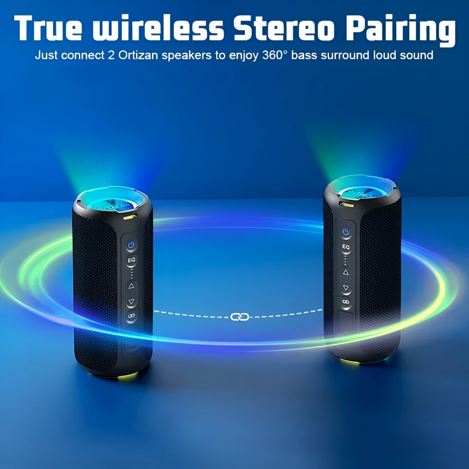 Black and blue fabric wireless Bluetooth speaker with luminous lights.