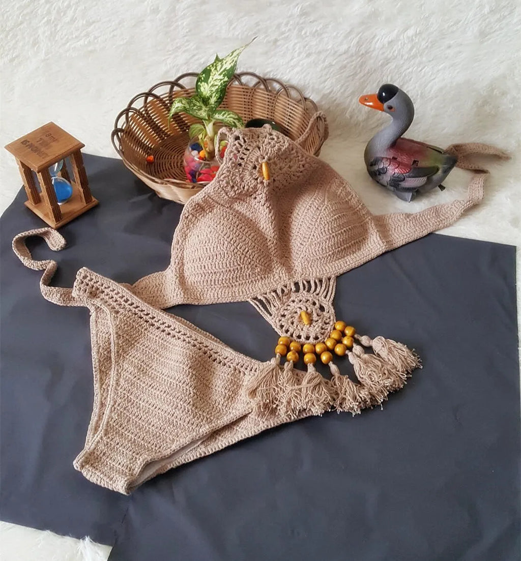 Women's crochet tassel bikini set in black, khaki, or white, sizes S M L, two-piece swimsuit for beach and pool