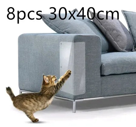 Two transparent PVC self-adhesive cat claw protector pads on a leather sofa arm, each 47x15cm