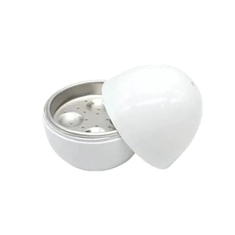White microwave egg steamer cooker with lid for boiling up to four eggs.