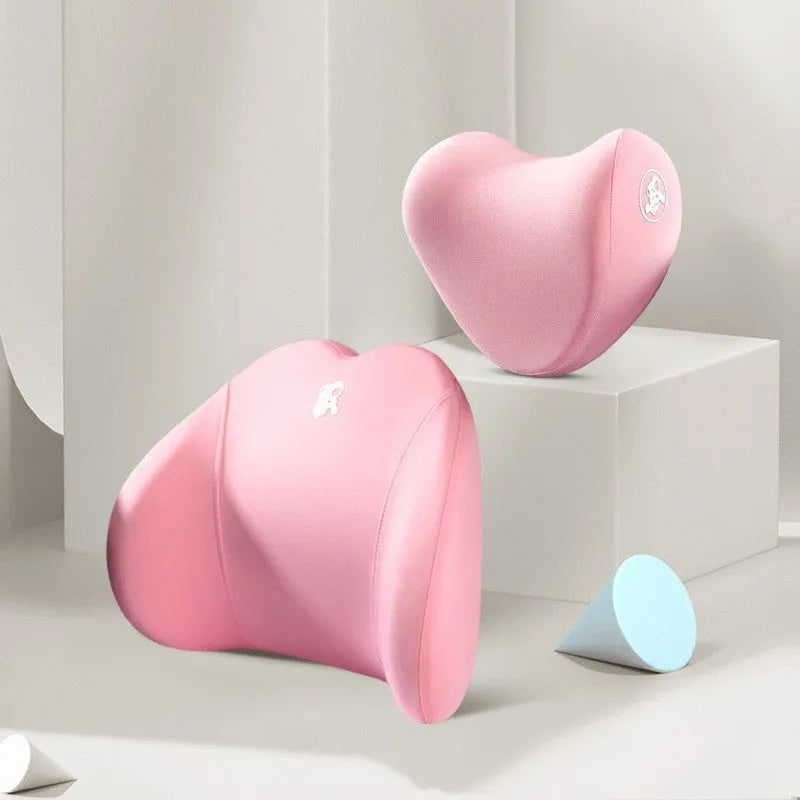 Heart-pattern memory foam car pillow set with headrest and lumbar support pillows in cotton cover