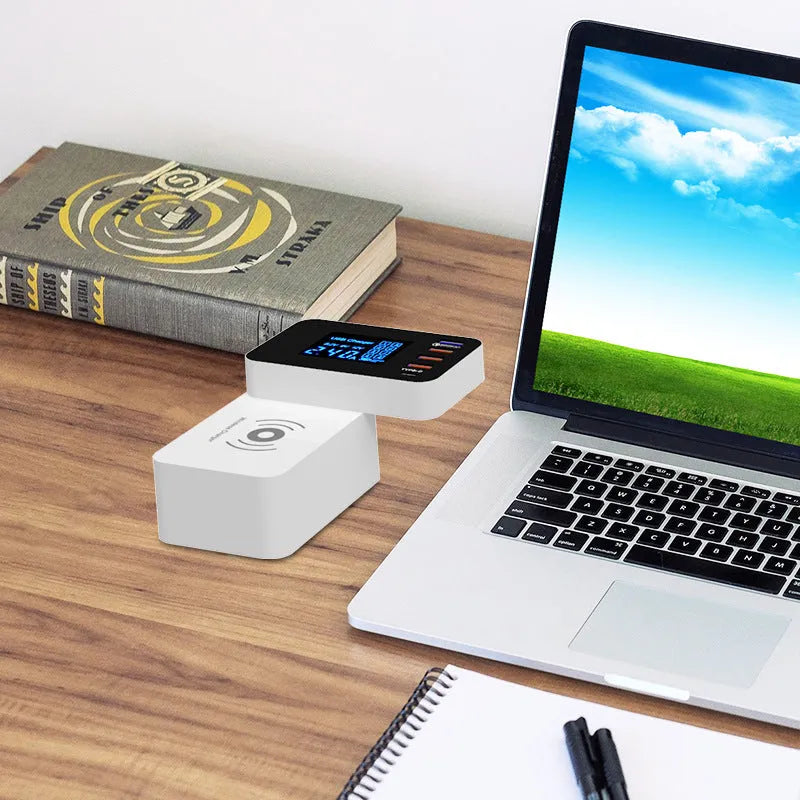 White multi-port USB fast charger with four USB-A ports, 1.5m cable, and international plug adapters.