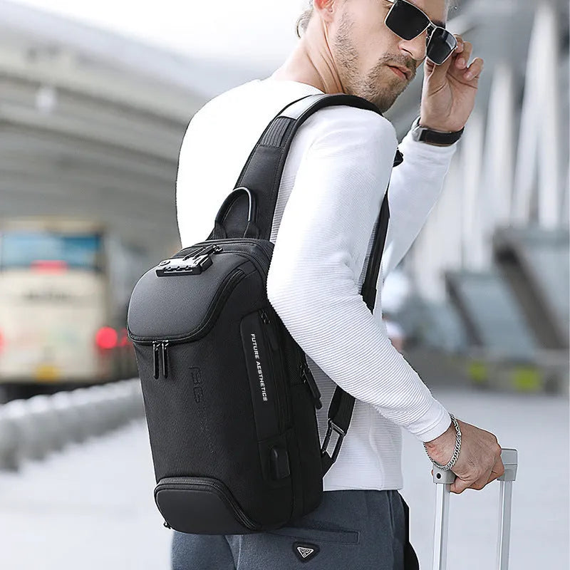 Men's Oxford cloth waist chest bag in black or grey, 21x12x35cm, with main bag, IPAD bag and compartment bag